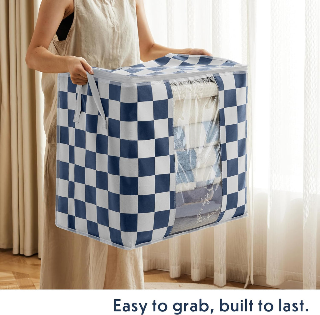 Navy Blue Checkered Clothes Storage Bins, 100L Large Blanket Storage Bags 3 Pack, Closet Organizers and Storage Containers for Comforters, Bedding, Foldable Organizer with Handle