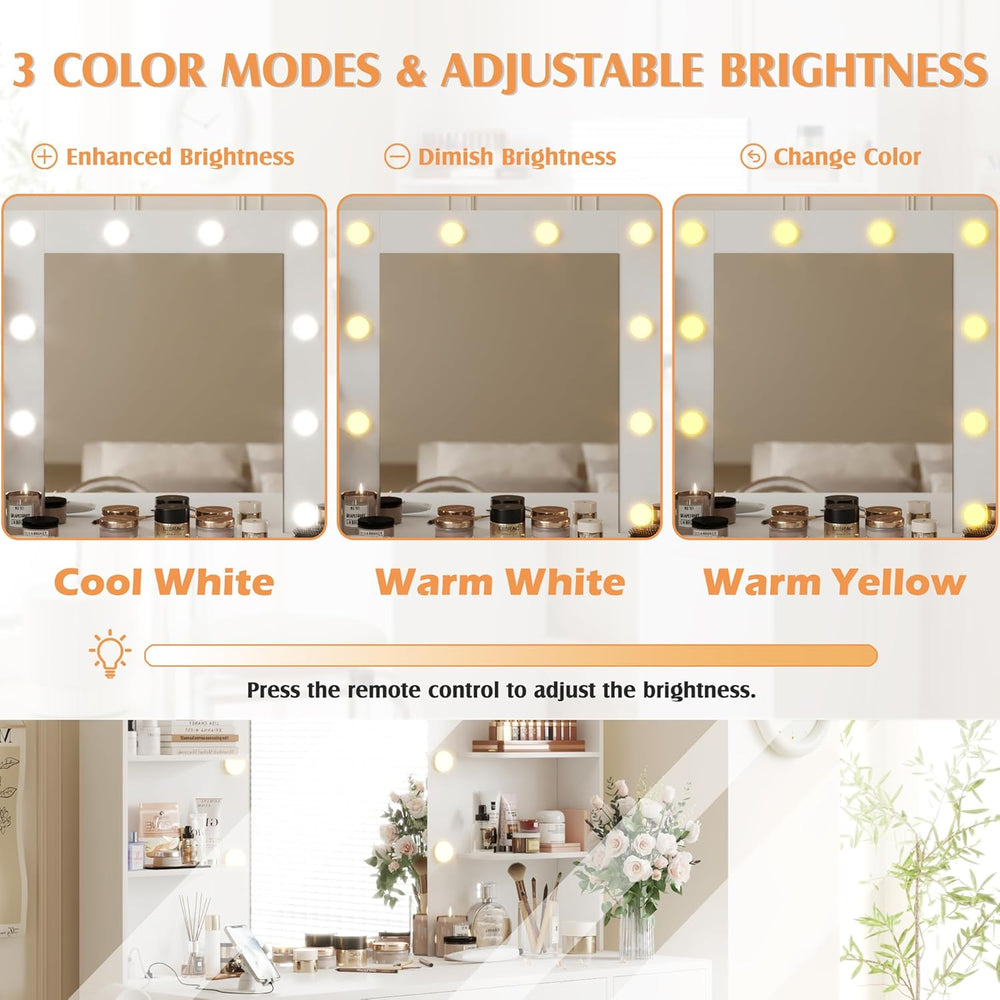 YESHOMY Vanity Desk with Mirror, Outlet, 10 Lights & 7 Drawers,White