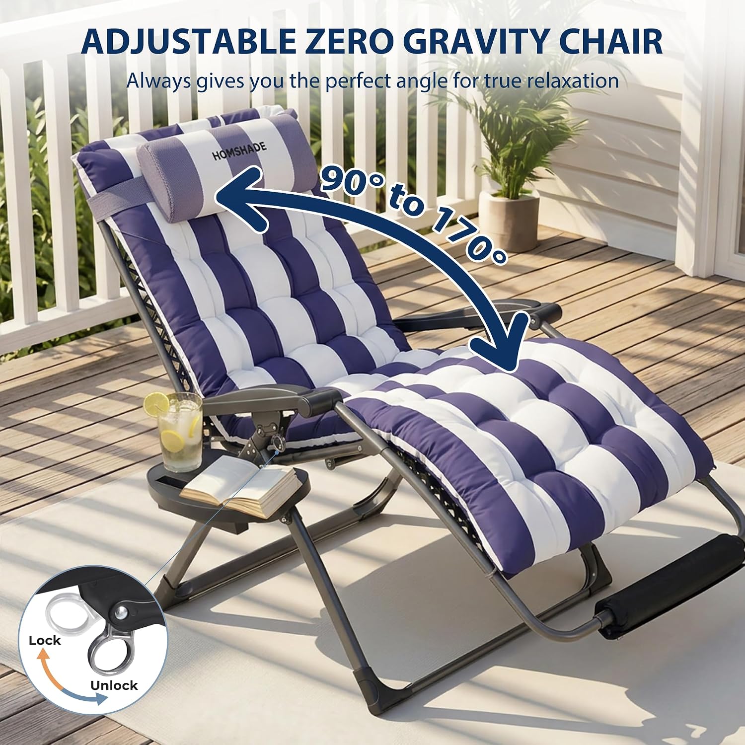 33 Inch XXL Oversized Zero Gravity Chair,Support 500LBS,Blue&White | Heavy Duty Zero Gravity Lounge Chair Outdoor, Indoor Recliner Chairs w/Removable Cushion, Footrest, Headrest & Cup Holder
