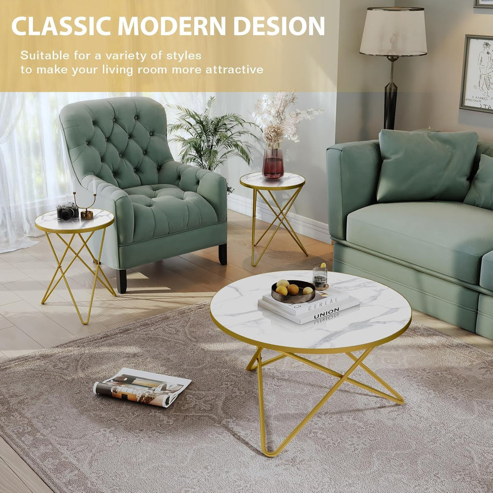 HLR Modern Round Coffee Table and Side Table Set of 3,End Table with Faux Mar...