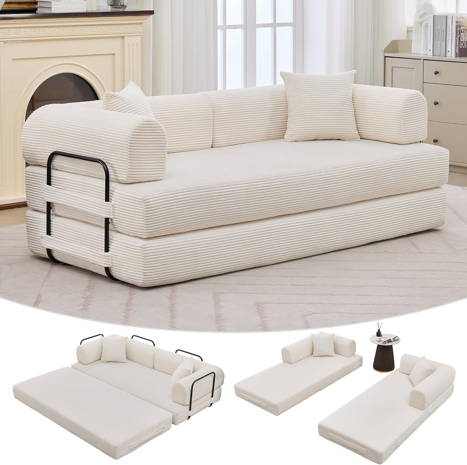 GarveeHome 79" Convertible Sleeper Sofa Bed Couch, 4-in-1 Boneless Corduroy Folding Sofa Bed with Pillow & Fixed-Shape, Floor Mattress Couch Loveseat for Living Room Apartments - No Assembly, Beige