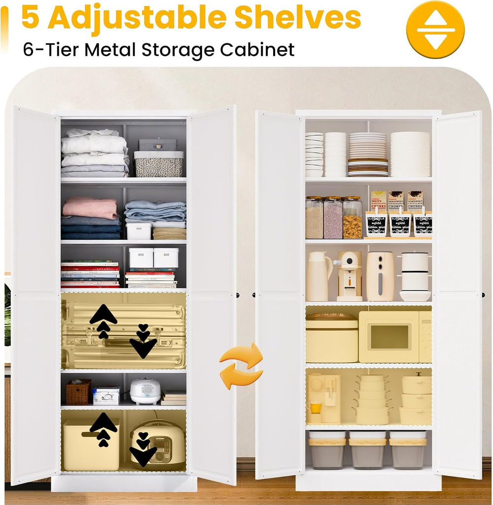 White Kitchen Pantry Cabinet, 72" Tall Metal Storage Cabinet with 2 Door...