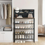 STORAGE MANIAC 5 Tier Shoe Rack for Entryway, Metal Shoe Shelf with Storage Pocket and MDF Top Board, 16-20 Pairs Free Standing Shoes Organizer for Closet, Black