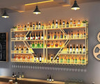 94in 4 Tier Modern Wall Mounted Wine Rack w/LED Light, Metal Wall Bar Shelves Wall Mounted w/Glass Holder, Large Liquor Shelf for Liquor Bottles for Home Bar & Dining Room(Gold-Yellow Led)