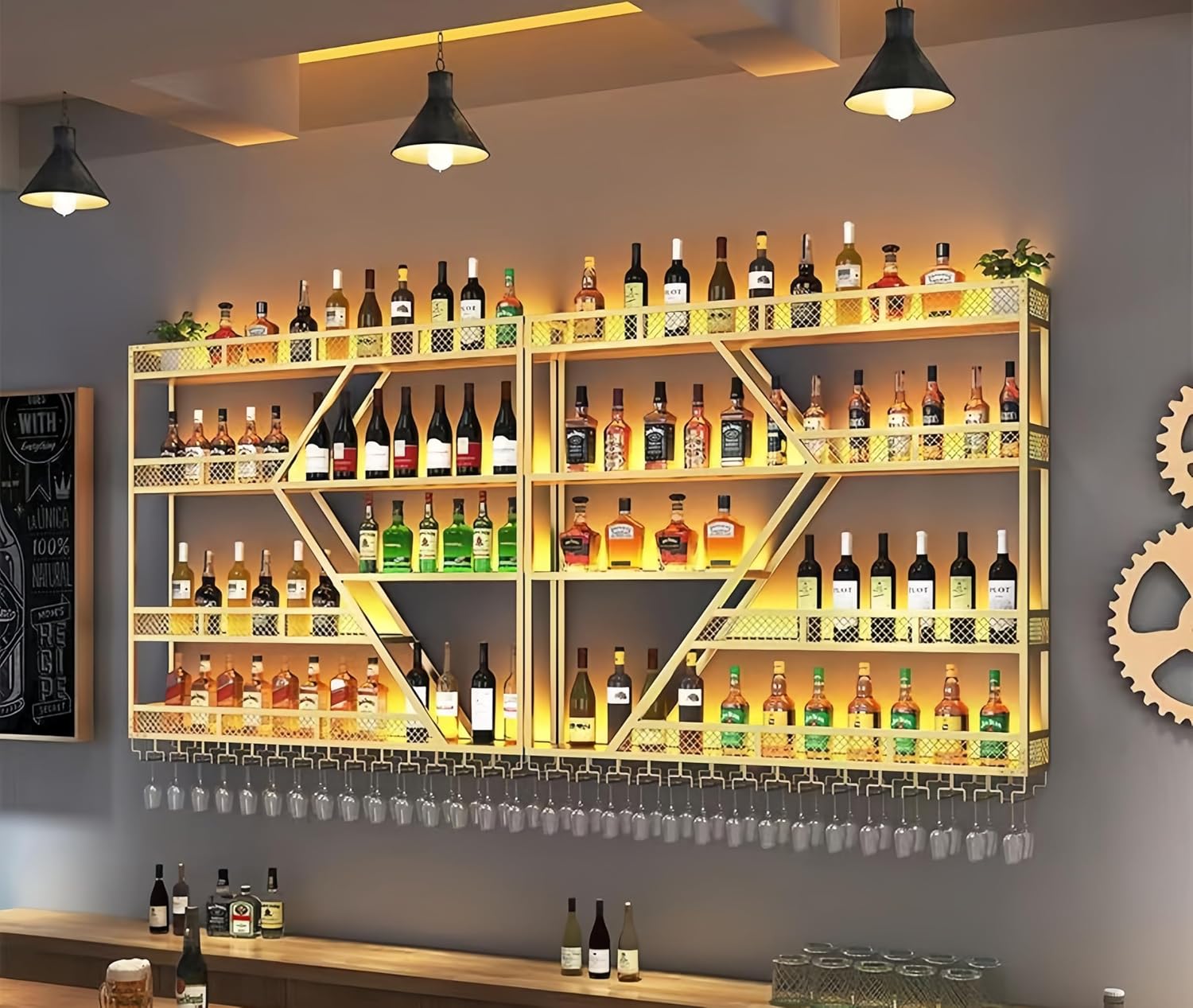 94in 4 Tier Modern Wall Mounted Wine Rack w/LED Light, Metal Wall Bar Shelves Wall Mounted w/Glass Holder, Large Liquor Shelf for Liquor Bottles for Home Bar & Dining Room(Gold-Yellow Led)