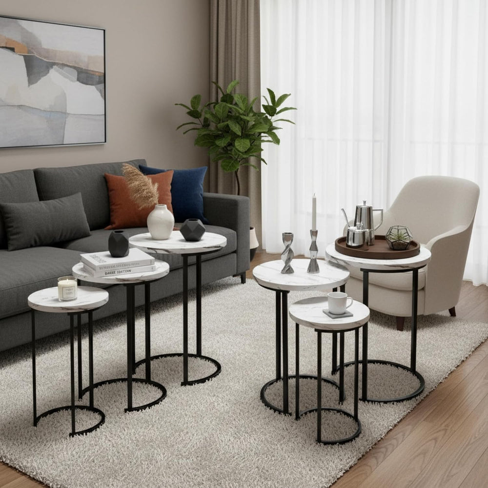 Lavish Home Round Nesting Tables Set of 6, Faux Marble Tabletop, White | 25”H...