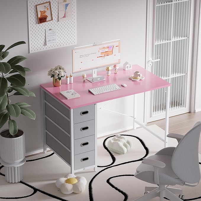 Pamray 40 Inch Computer Desk with 4 Drawers Small Office Desk for Home Bedroom Study Writing Simple Modern Computer Table Pink