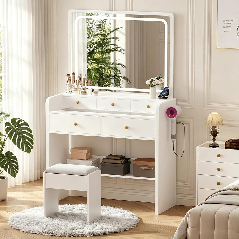 Makeup Vanity Desk Set with LED Lighted Mirror Glass Top Dressing Table &...