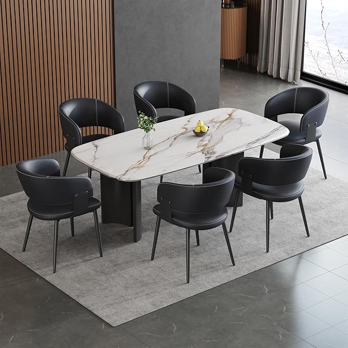 Modern Dining Chairs Set of 6, Faux Leather Upholstered Kitchen Chairs with Curved Back and Metal Legs, Mid Century Chairs for Dining Room, Kitchen, or Café (Black)