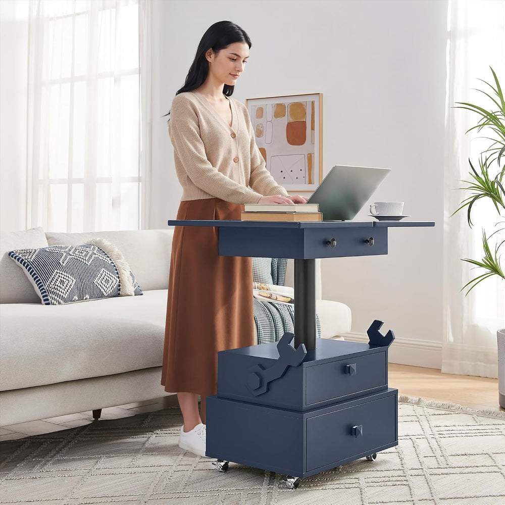 Virubi Adjustable Height Flip-Top Side Table with 2 Drawers & Charging St...