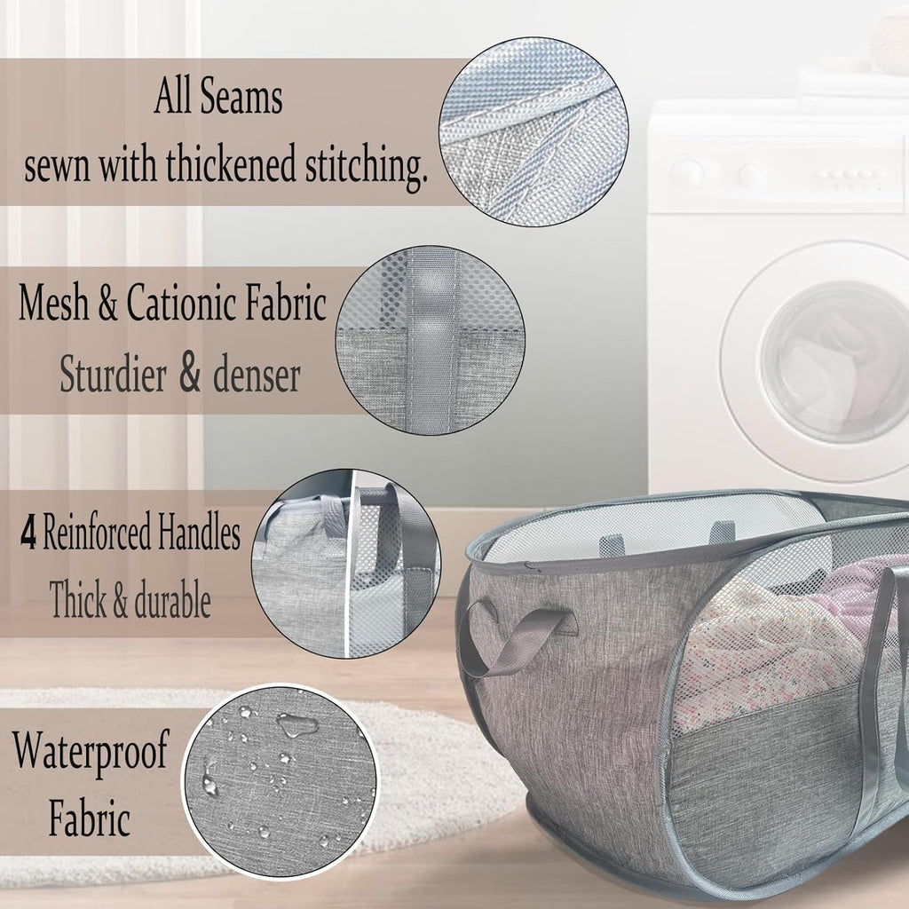 100L Collapsible Laundry Baskets 2 Pack, Extra Large Mesh Pop Up Laundry Hamper, Dirty Clothes Hamper with Reinforced Handles, Folding Hampers for Travel. Dorm or Home Portable Laundry Baskets. Grey