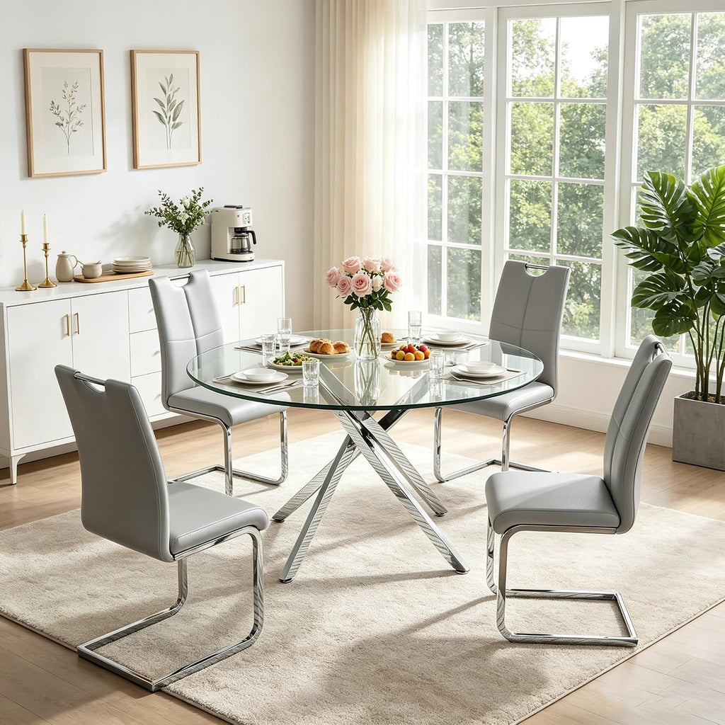 5 Piece Round Dining Table Set for 4, Modern Glass Kitchen Dining Room Table Set for 4, 47" Circle Silver Glass Metal Dining Table with 4 Grey PU Leather Dining Chairs for Kitchen Dining Room