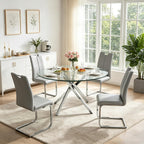 5 Piece Round Dining Table Set for 4, Modern Glass Kitchen Dining Room Table Set for 4, 47" Circle Silver Glass Metal Dining Table with 4 Grey PU Leather Dining Chairs for Kitchen Dining Room