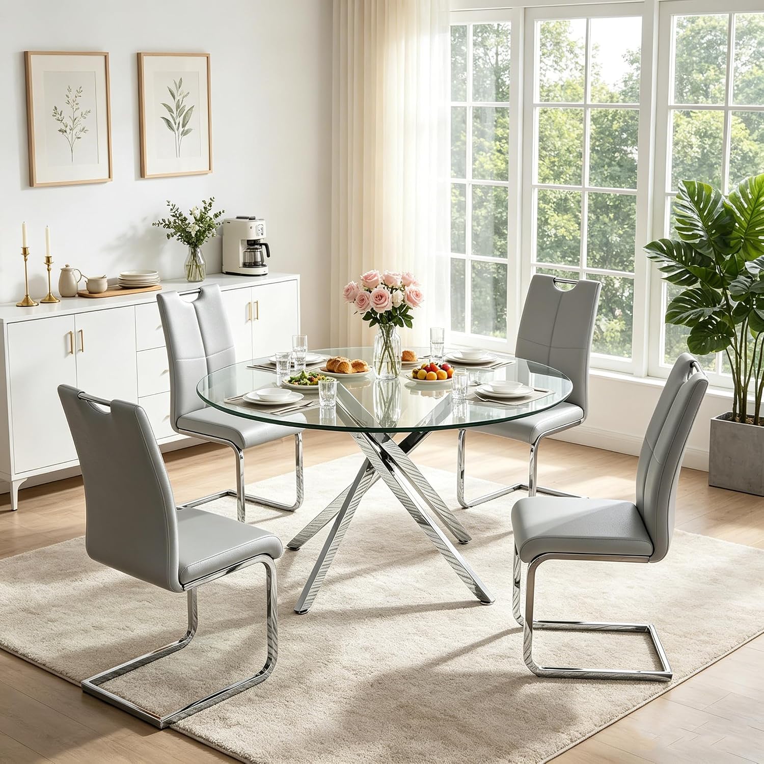 5 Piece Round Dining Table Set for 4, Modern Glass Kitchen Dining Room Table Set for 4, 47" Circle Silver Glass Metal Dining Table with 4 Grey PU Leather Dining Chairs for Kitchen Dining Room