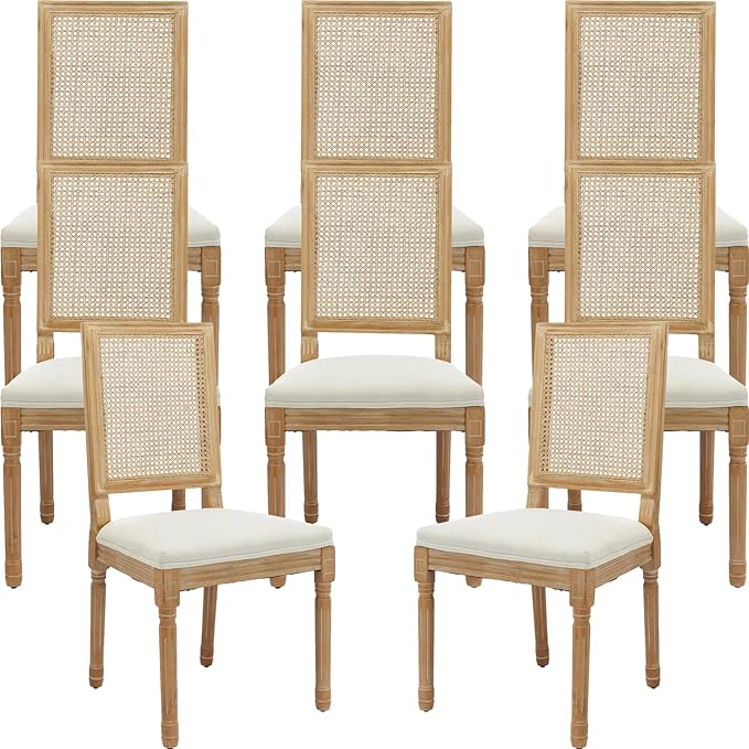 French Country Dining Chairs Set of 8, Cream Kitchen & Dining Room Chairs Set of 8, Ivory Rattan Dining Chairs, Cane High Back, Wood Legs, Sillas De Comedor (Rattan, Beige, 8Pcs)