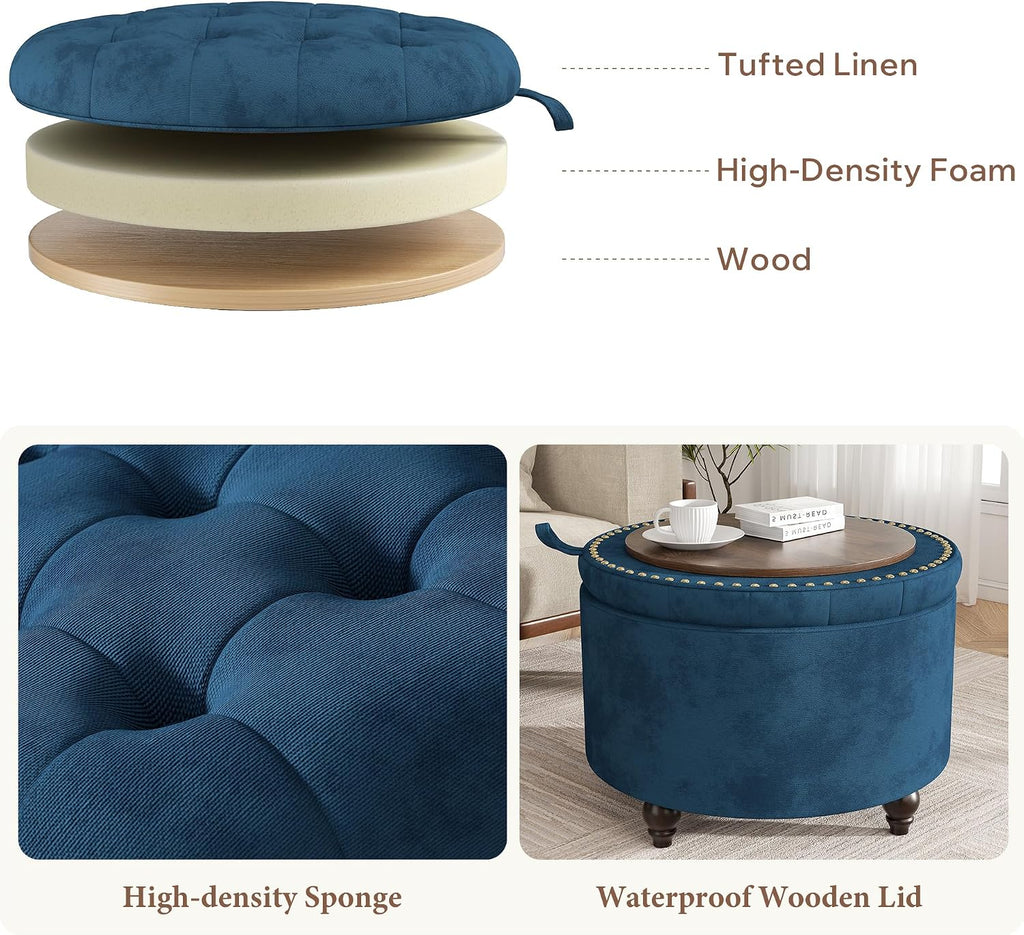 24 Inch Round Storage Ottoman,Modern Tufted Ottomans,Circular Coffee Table with Removable Top,Upholstered Large Ottoman with Storage Footrest Stool for Bedroom Living Room (Blue)