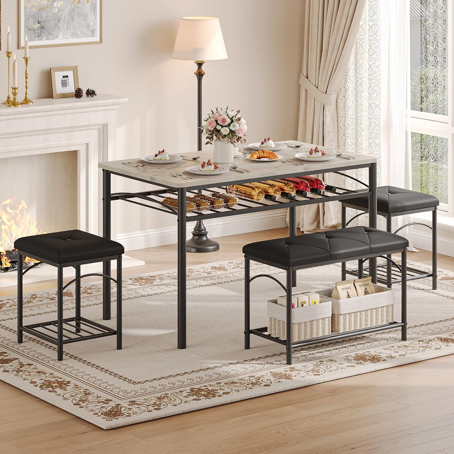 IDEALHOUSE Dining Table Set for 4 with Upholstered Benches and 2 Stools, Small Kitchen Table Chairs Set of 4 for Apartment, Studio, Home and Small Space
