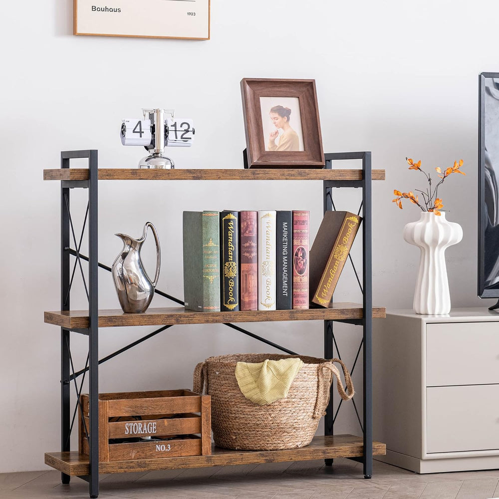 HCHQHS Bookshelf, 3-Tier Industrial Bookcase, Rustic Open Book Shelf, Wood an...
