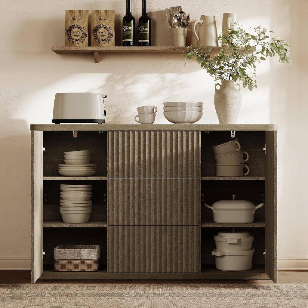 SICOTAS Buffet Cabinet with Storage 54.7" Large Modern Accent Storage Cabinet with Doors and Shelves Fluted Sideboard Credenza Buffet Table Coffee Bar for Living Room Kitchen Dining Room, Grey Alder