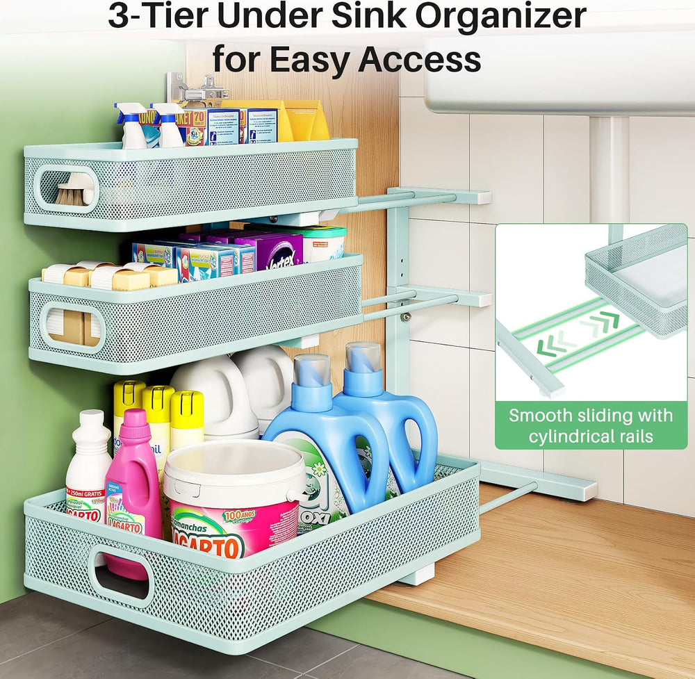 Under Sink Organizer, 2-Pack 3-Tier Height Adjustable Thickened Metal Pull ou...