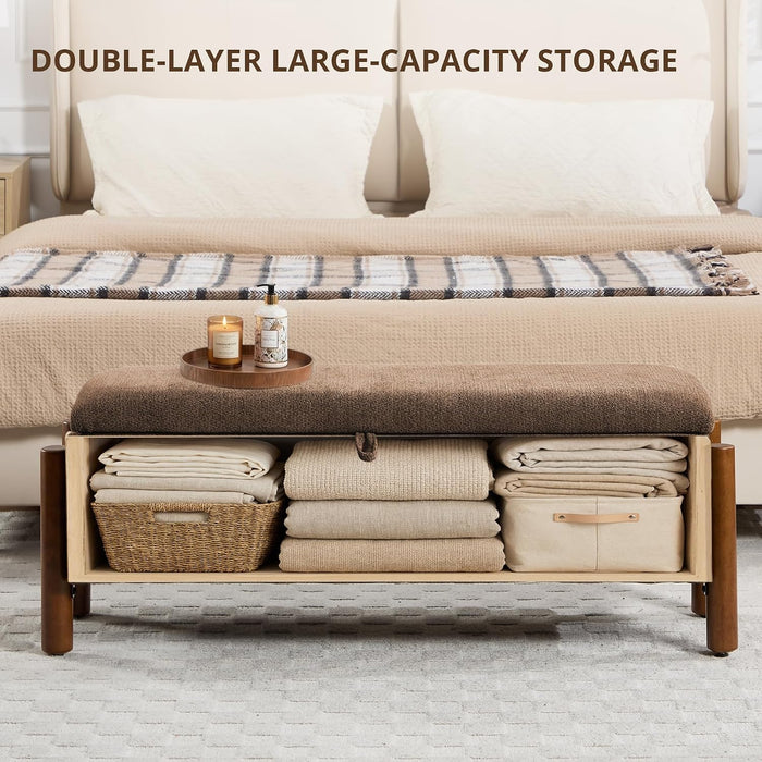 47'' Modern Storage Ottoman Benches with Walnut Wood Legs Ottoman Bench with 22 Gallons Storage Space Fabric Upholstered Seating End of Bed Bench for Bedroom for Livingroom Brown