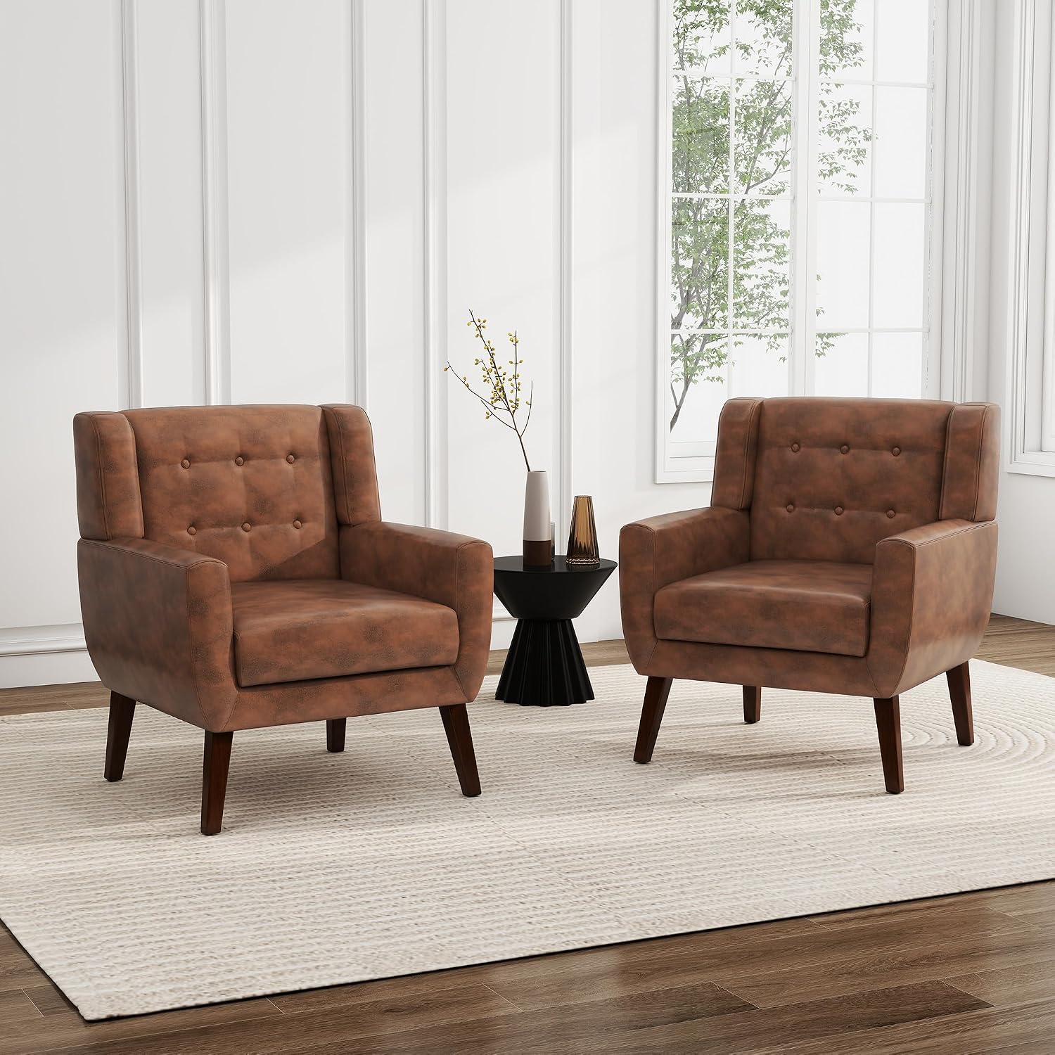 PU Leather Accent Chair, Modern Upholstered Armchair, Coffee | Comfy Wingback Chair with Removable Cushion, Wood Frame, Button Tufted Living Room Chair Bedroom Side Reading Seat