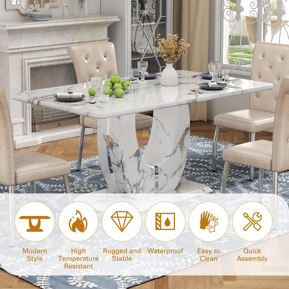 JUFU 63-Inch Faux Marble Dining Table Set for 6, Beige Chairs, Silver Legs | ...