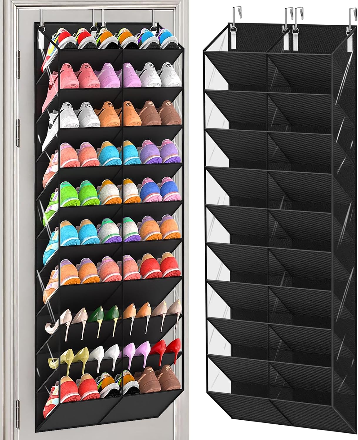 UVIAHOMI 20-30 Pairs Over the Door Shoe Organizer, Clear Pockets Hanging Shoe Storage for Closet, 10-Tier Door Shoes Rack, Handing Shoes Holder Fit All the Family's Sneakers, Boots, Heels, Black