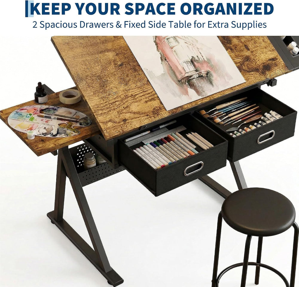 Industrial Minimalist Drafting Desk with Stool | Adjustable Tilting Artist Ta...