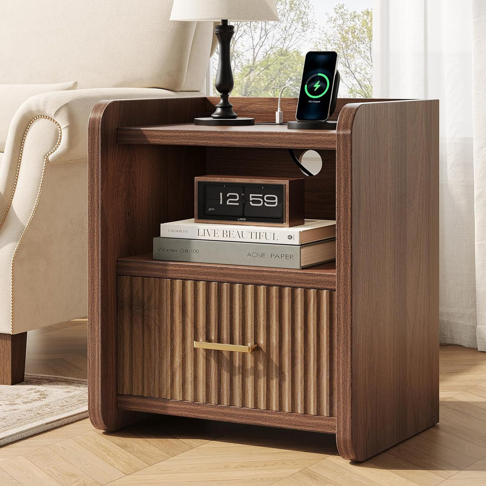 Night Stand with Charger Station - Modern Wood Nightstand with Drawer Storage...