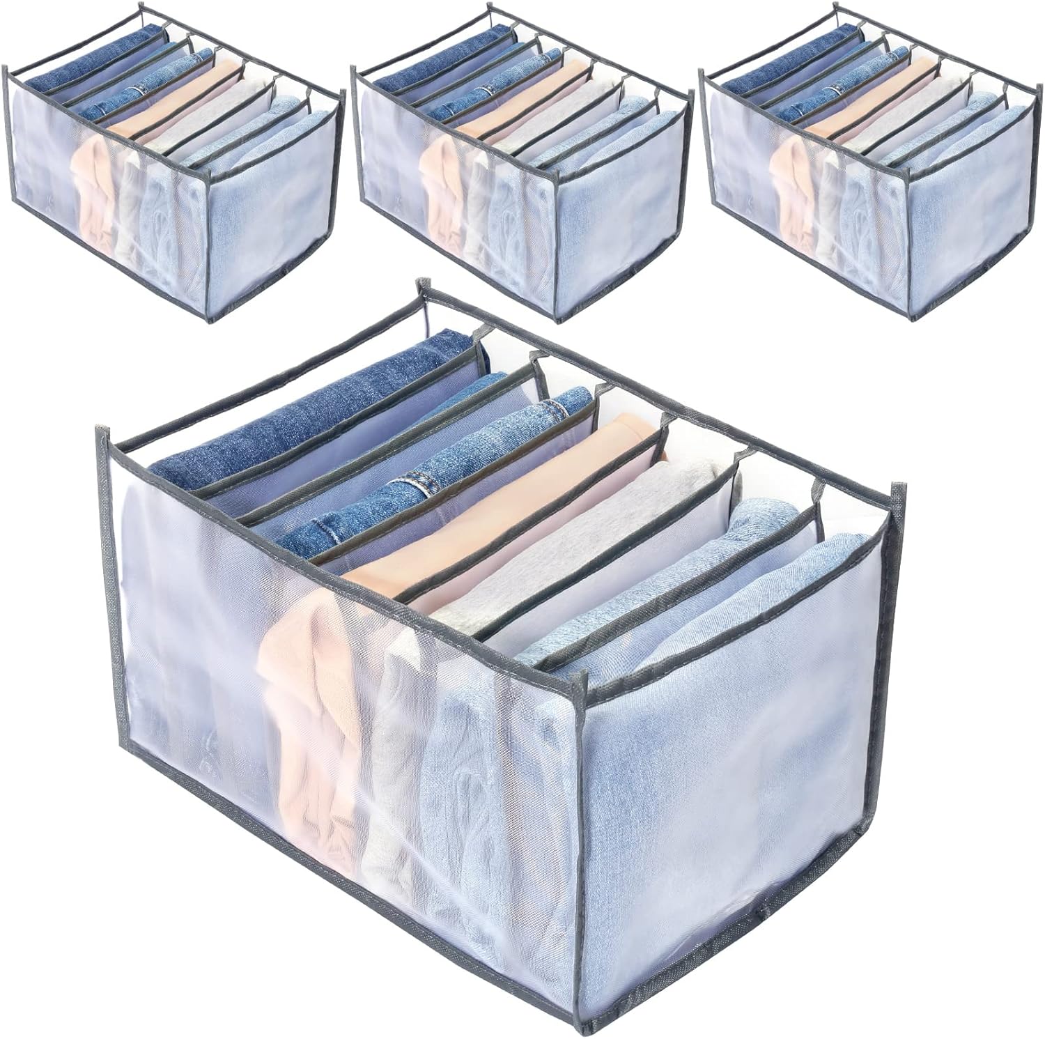 TOOVREN Wardrobe Clothes Organizer, 7 Grids, Drawer Organizers for Clothing, Foldable Closet and Storage Basket, Clothes Compartment Box, Bedroom Dorm Room, 4PCS, Gray