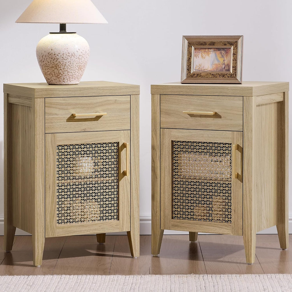 SICOTAS Tall Nightstands Set of 2 with Drawer - Farmhouse Night Stand | Bedside Tables with Storage, Wooden End Tables with Metal Mesh Door and Adjustable Shelf for Bedroom, Light Walnut