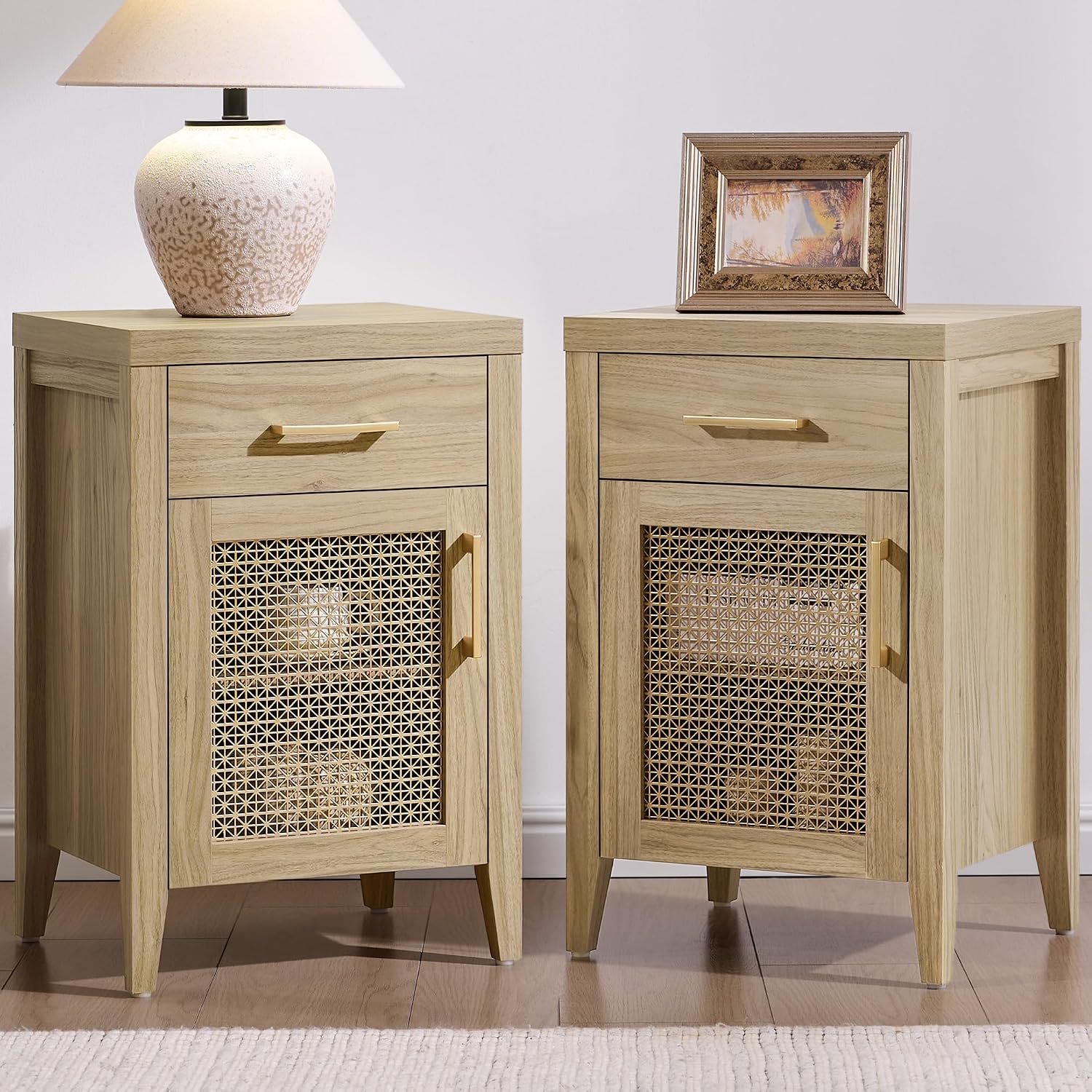 SICOTAS Tall Nightstands Set of 2 with Drawer - Farmhouse Night Stand | Bedside Tables with Storage, Wooden End Tables with Metal Mesh Door and Adjustable Shelf for Bedroom, Light Walnut