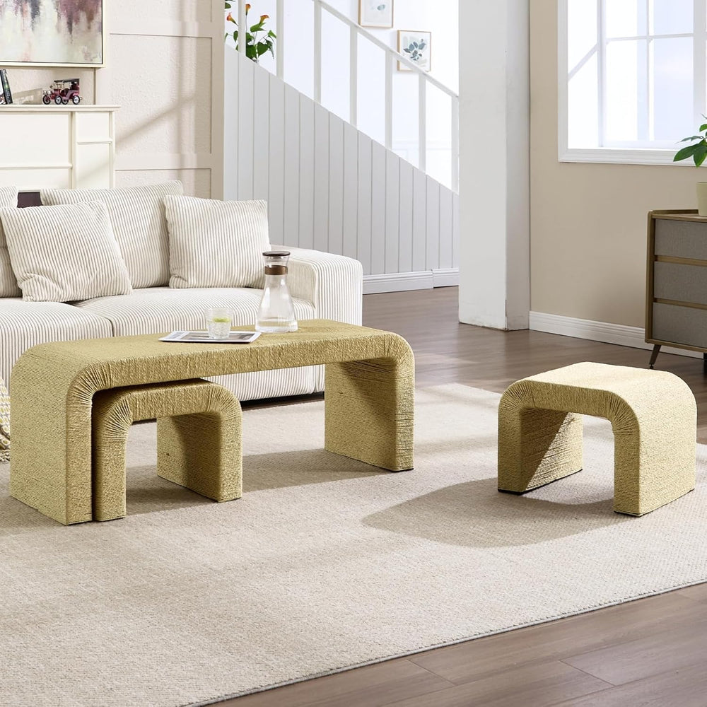 LZAREAL 3-Piece Nesting Woven Rope Coffee Table Set, 47" Boho Waterfall ...