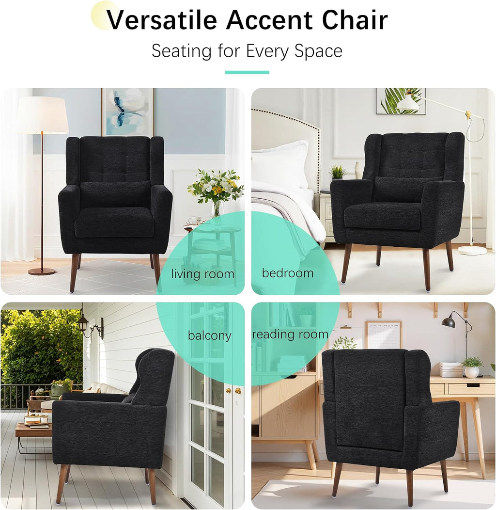 Modern Accent Chair Chenille Fabric Upholstered Tufted Side Chair Wingback Chair,Mid Century Reading Armchair with Waist Pillow Backrest for Living Room Bedroom (Black)