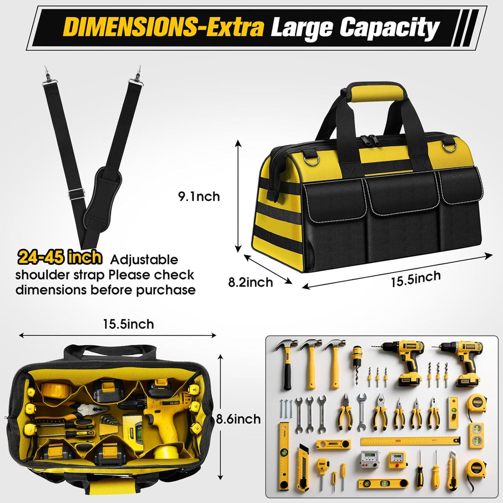 16-Inch Heavy Duty Tool Bag, 19-Pockets Tool Box Organizer, Portable Toolbag W/Soft Handle, Organized Storage, Mechanic Gifts for Men Dad Husband Him Christmas, Wide Mouth Toolbox Organization, Yellow