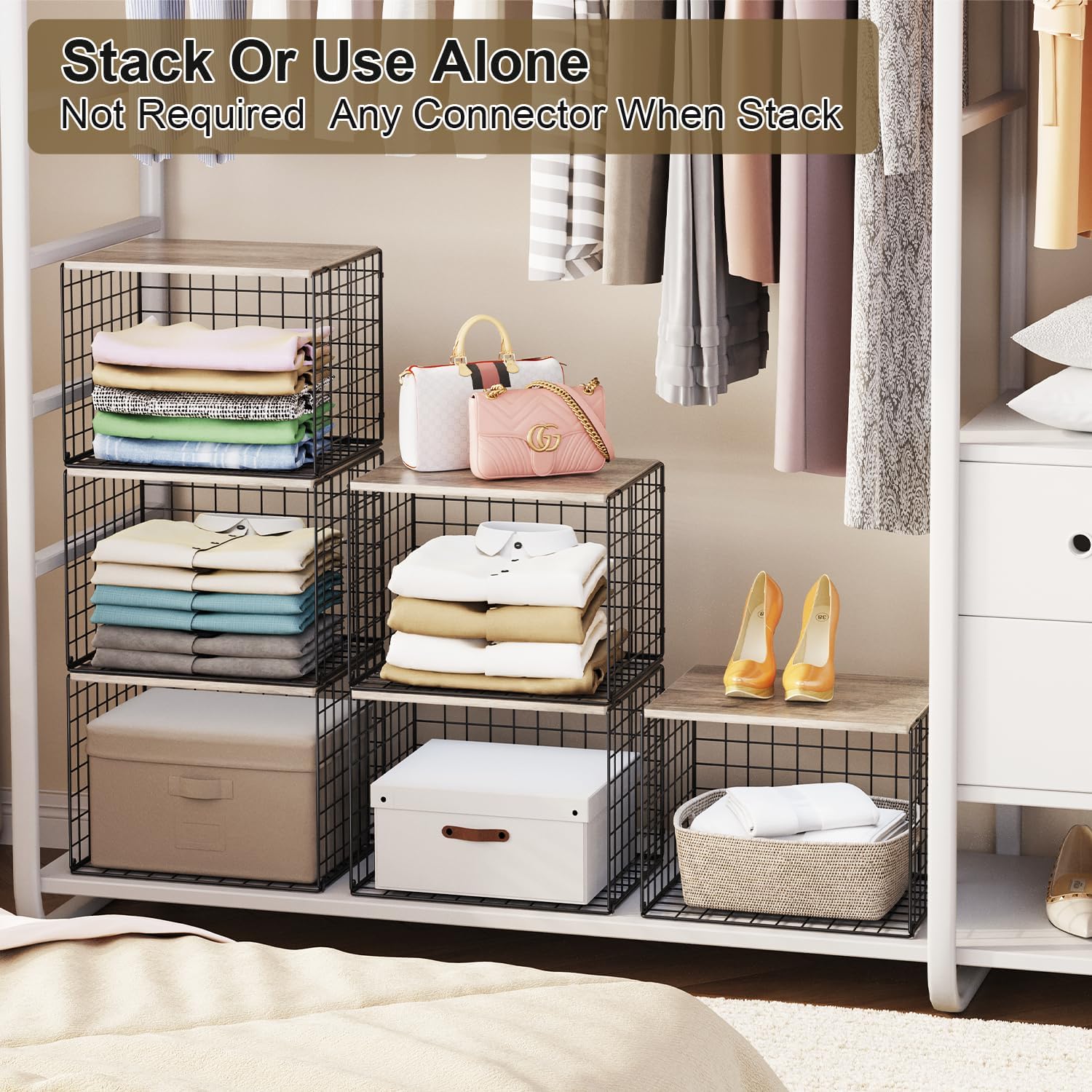 4PCS Wider Closet Organizers and Storage, Stackable Closet Shelf Organizer Storage Bins with Wood Top for Sweaters Jeans, Clothes Organizer Shelves for Wardrobe System Rack, Space-Saving,Sturdy Metal