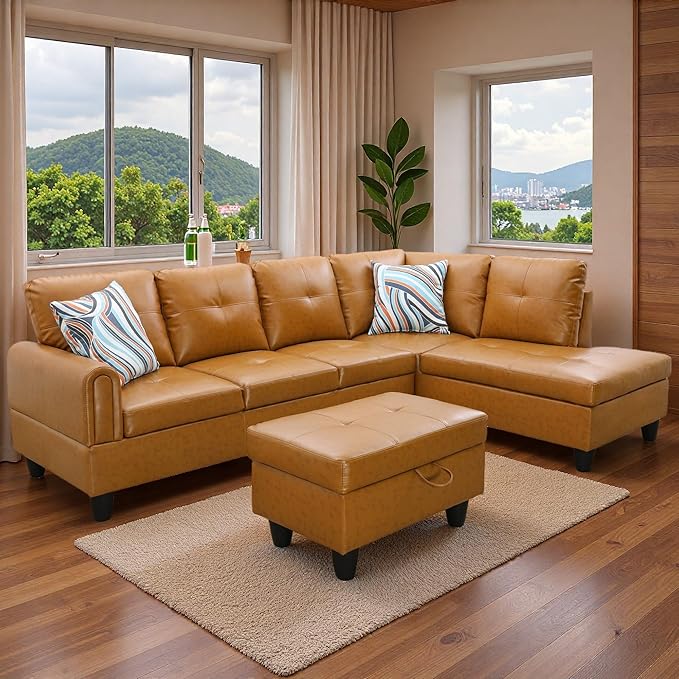 Sectional Couches for Living Room with Movable Chaise & Storage Ottoman - 97.5" Leather L Shaped Couches for Living Room Apartment, 4 Seat Home Furniture Modular Sectional Sofas, Orange
