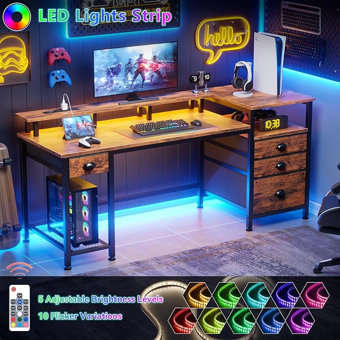 Furologee 60" Computer Desk with 4 Drawers and Printer Space, Gaming Desk with LED Lights and USB Power Outlets, Office Desk with Fabric File Cabinet, Work Table with Shelf for Bedroom, Rustic Brown