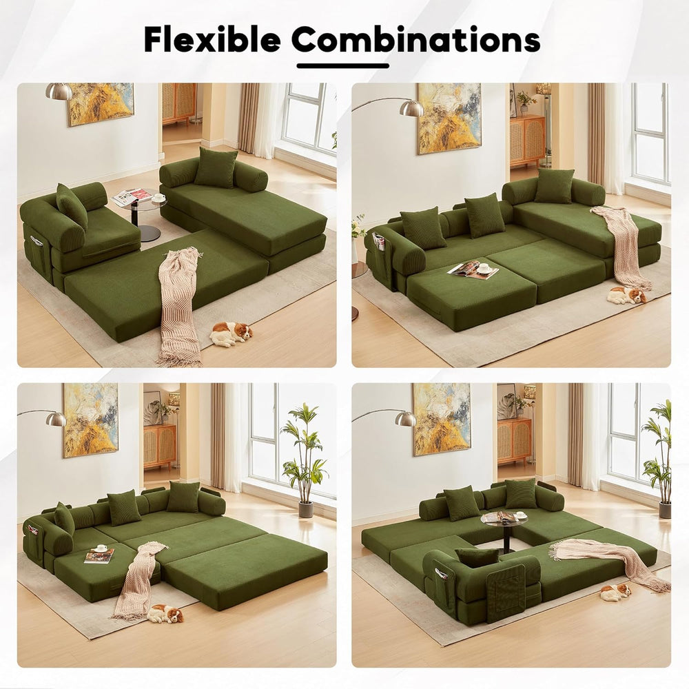 L Shaped Modular Sofa Bed with Cylindrical Pillow & Reversible Chaise, Co...