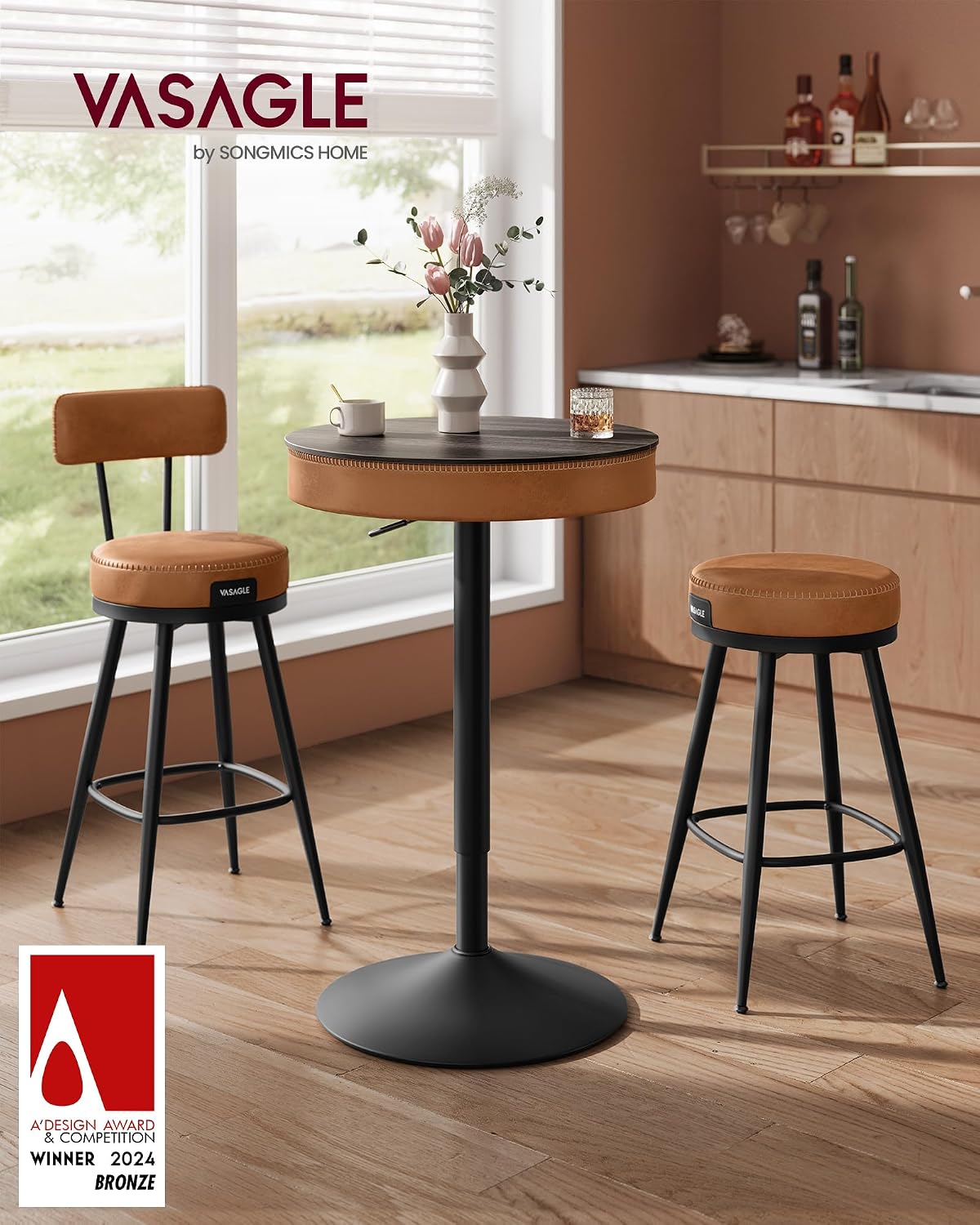 VASAGLE EKHO Collection - Height Adjustable Bar Table Set of 2, Round High Pub Tables with Storage, Synthetic Leather with Stitching, Mid-Century Modern, Kitchen Home Bar, Ash Brown and Caramel Brown