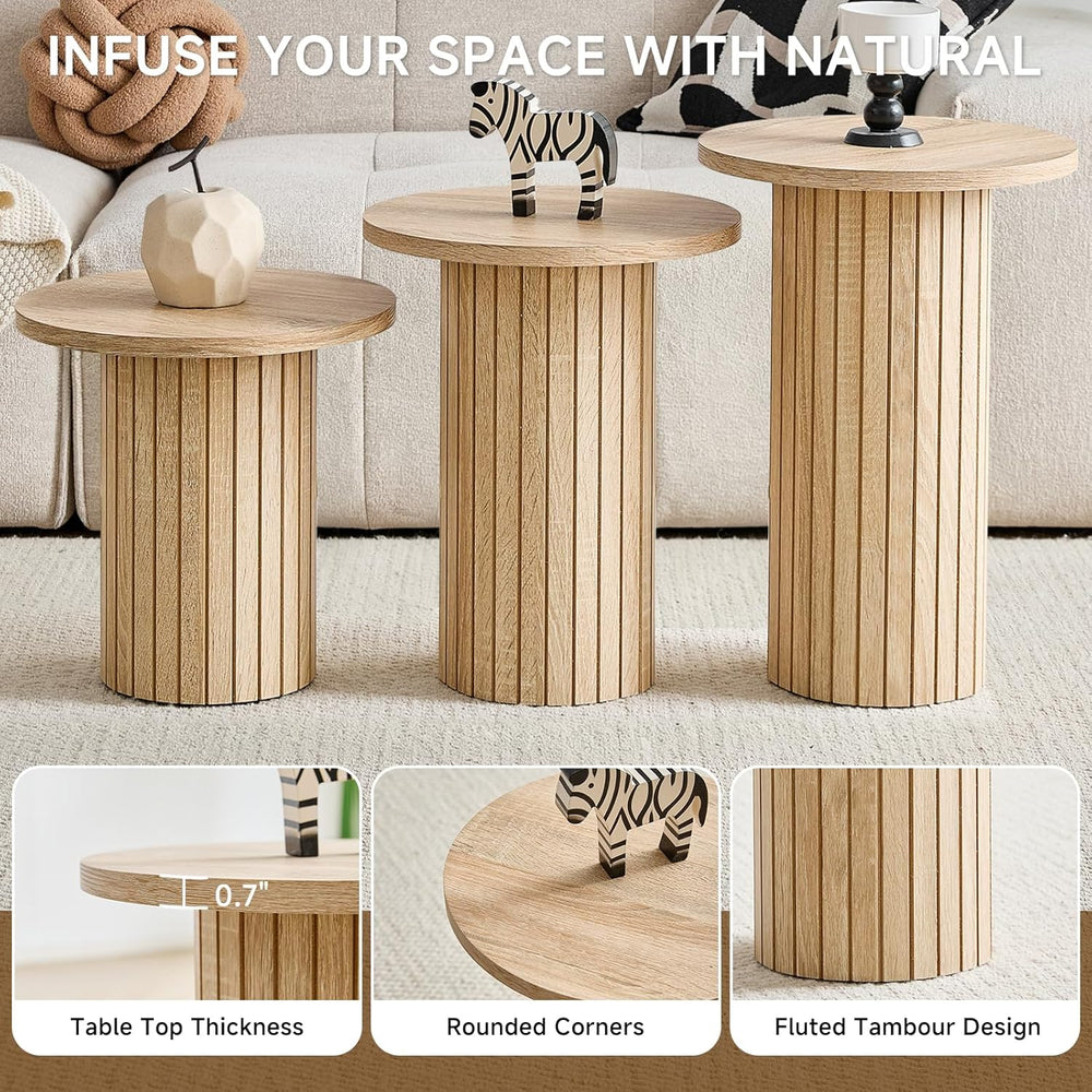 Round Nesting Coffee Table Set of 3 Mid Century Modern Wood Round Coffee Tabl...