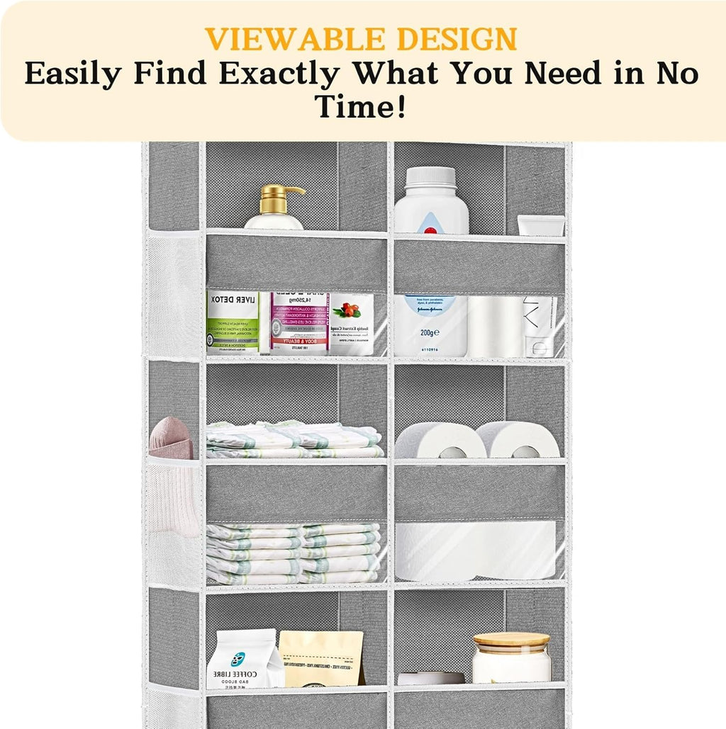 Over The Door Organizer, 5-Tier Extra Large Behind Door Storage with 10 Big Front & 10 Mesh Pockets, 80lb Capacity, Hanging Storage Organizer with Clear Window Kids Toys, Shoes, Diapers, Light Grey