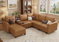 SITJOY 105" Faux Leather Modular Sectional Sofa with Storage, Mid Century Modern Sectional Couches for Living Room, 6 Seat V Shaped Couch with Ottoman and Console Table, Hidden Cupholders, Brown