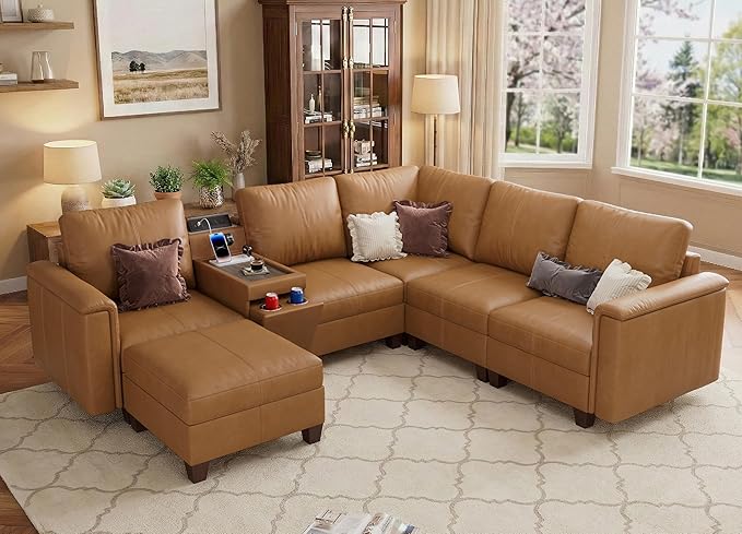SITJOY 105" Faux Leather Modular Sectional Sofa with Storage, Mid Century Modern Sectional Couches for Living Room, 6 Seat V Shaped Couch with Ottoman and Console Table, Hidden Cupholders, Brown
