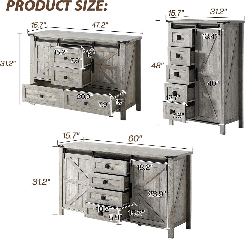 LUXOAK 3 Pieces Bedroom Set - Includes 60" Farmhouse Dresser, 48" C...