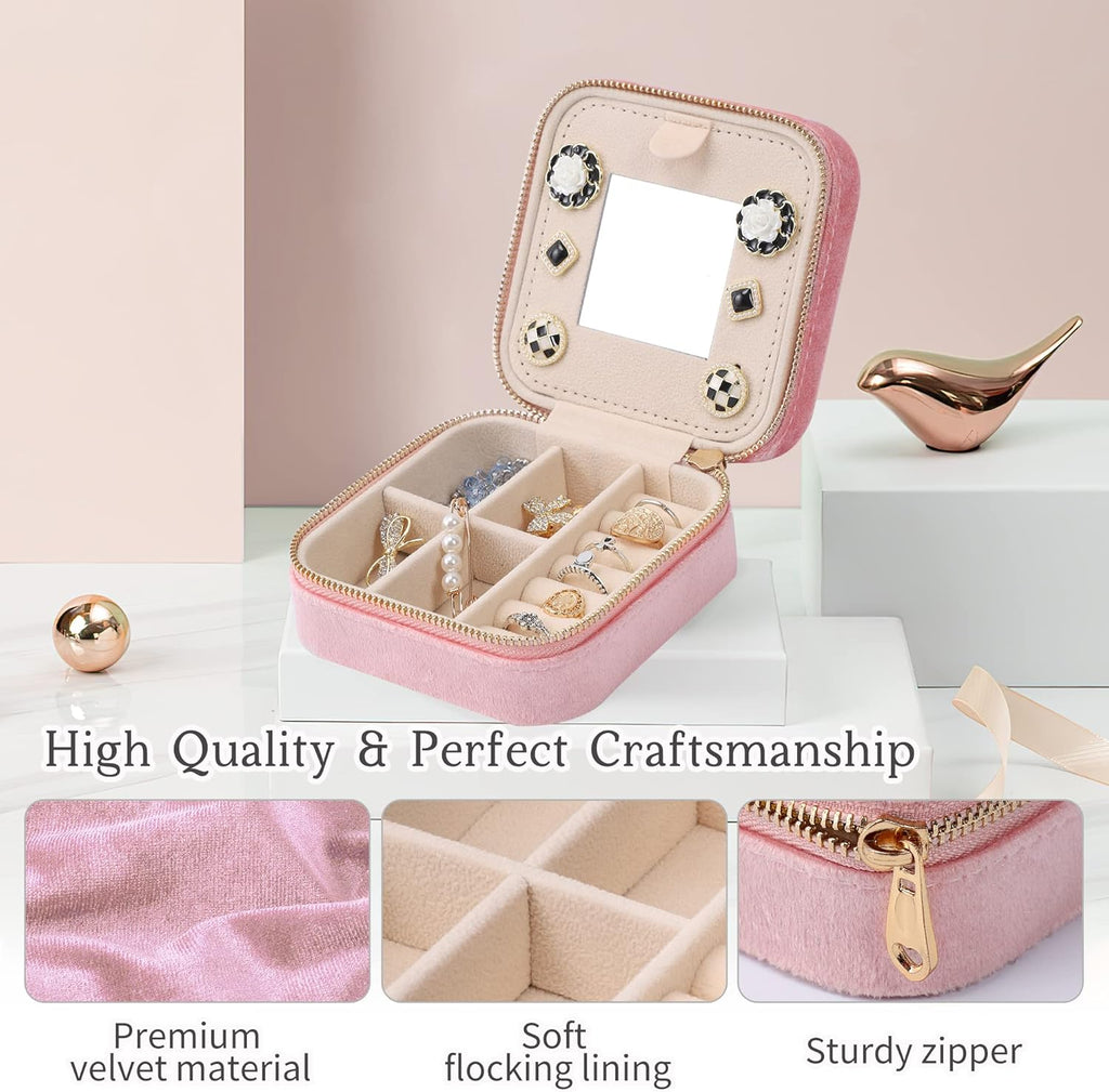 Dajasan Velvet Travel Jewelry Box, Mini Travel Jewelry Case, Small Portable Travel Jewelry Organizer Box with Mirror for Earrings Bracelets Rings Necklace (Pink)