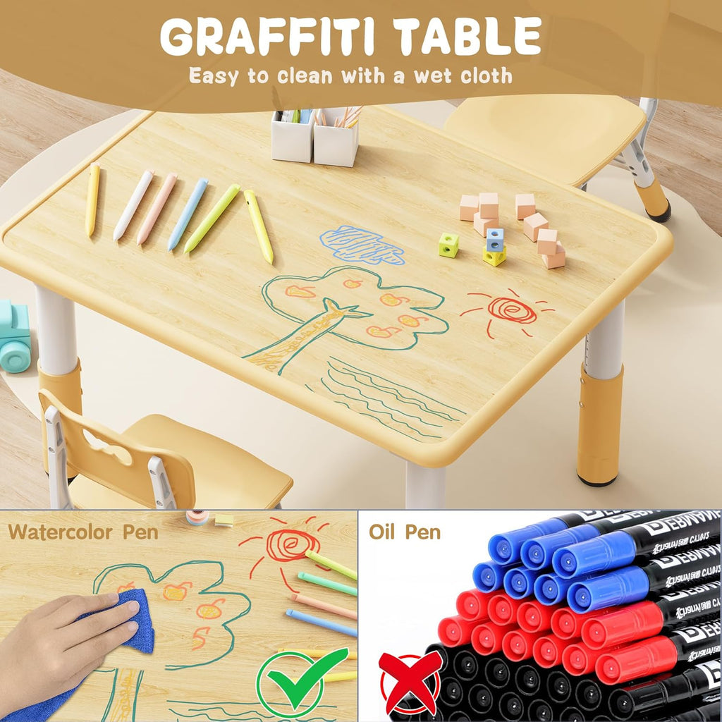 Brelley Kids Table and 2 Chairs Set, Height Adjustable Toddler Desk 31.5" L x 23.6" W and Chair Set, Graffiti Desktop, Classroom/Daycare/Home, Children Multi-Activity Table for Ages 3-8