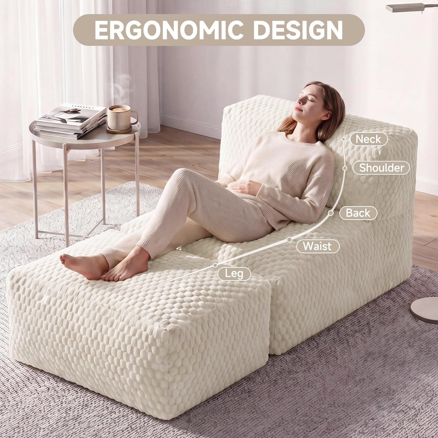 Unique Tortoise Pattern Soft Fabric Oversized Bean Bag Lounger Chair, 3-in-1 Sofa with Ottoman, Advanced Memory Foam, No Assembly for Living Room, Dorm, Bedroom(Beige)