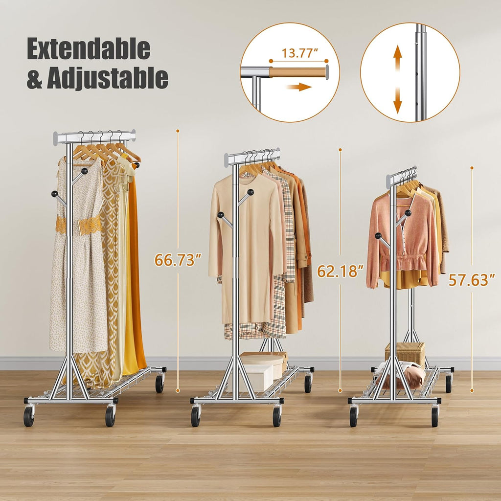 Heavy Duty Clothes Rack Load 530 lbs, Metal Rolling Clothing Rack With Sturdy Wheel And Shelves, Adjustable Portable Hanging Garment Rack For Clothes,Chrome Stainless Steel